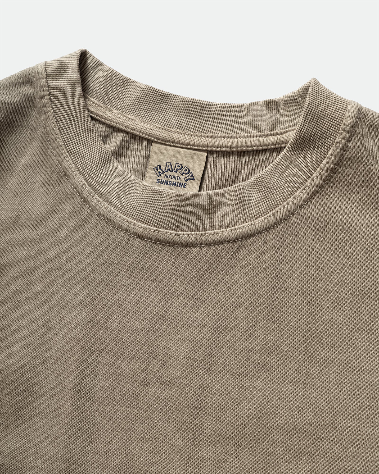 Close up of a Kappy relaxed fit cotton mocha t-shirt with a ribbed neckline, branded label on a grey background 